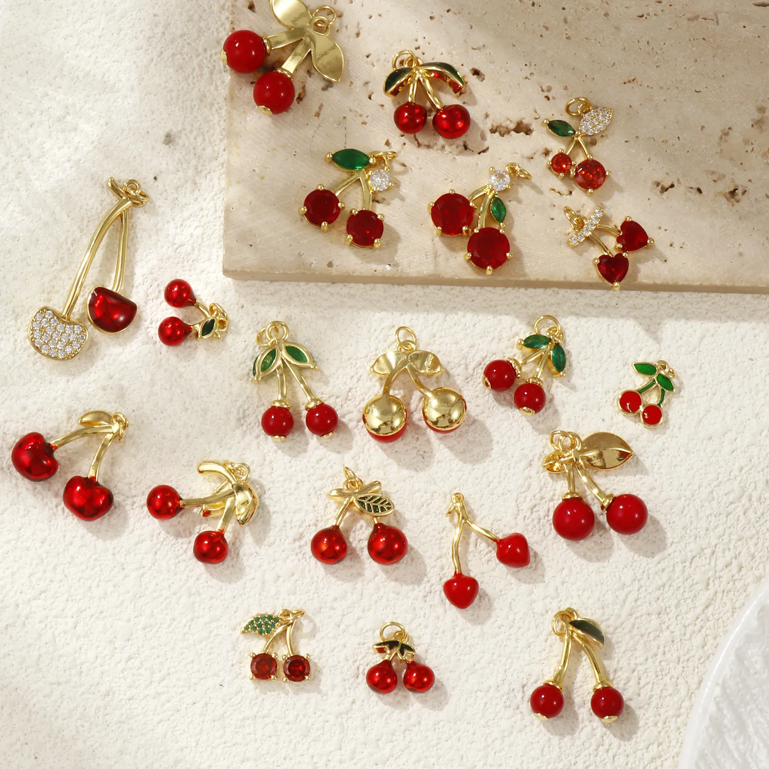 Authentic 1 Piece Brass Charms Red Cherry Fruit Cubic Zirconia 18K Gold Plated Pendants For Necklace Bracelet Earrings Jewelry Making