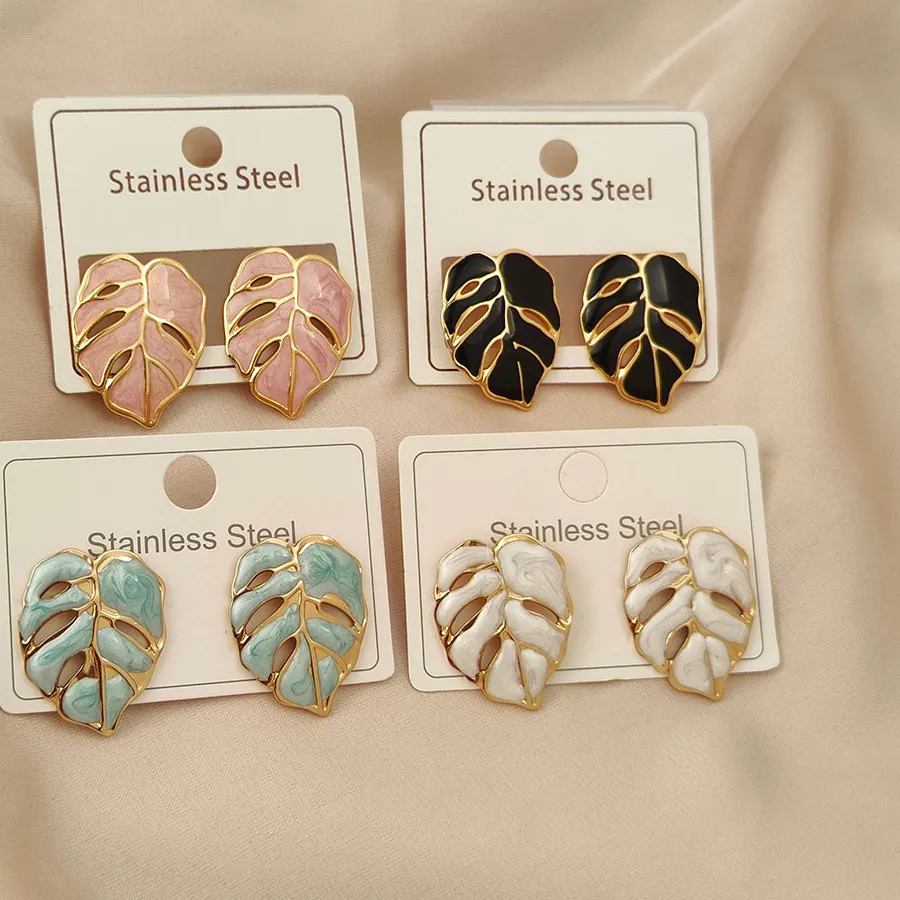 Authentic Charming palm leaf shape colored enamel gold-plated 18K women's earrings, high quality waterproof earrings, wife's gift