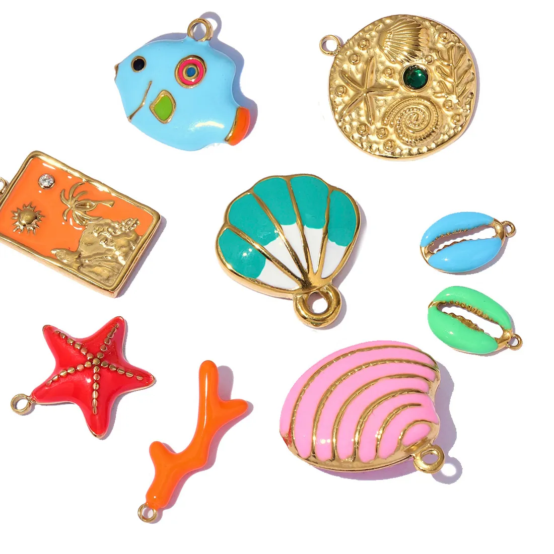 Authentic 3pcs/lot 14K Gold Plated Fish Bone Starfish Necklace Pendant Woman Jewelry Beach Slippers Stainless Steel Palm Tree DIY Charms