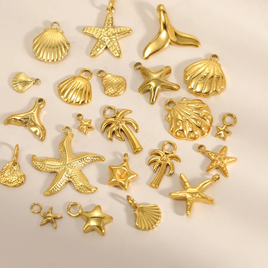 Authentic 2PCS Ocean Series Shell Starfish Palm Tree Mermaid Pendant Accessories DIY Stainless Steel Charm Necklace Gold Plated Jewelry