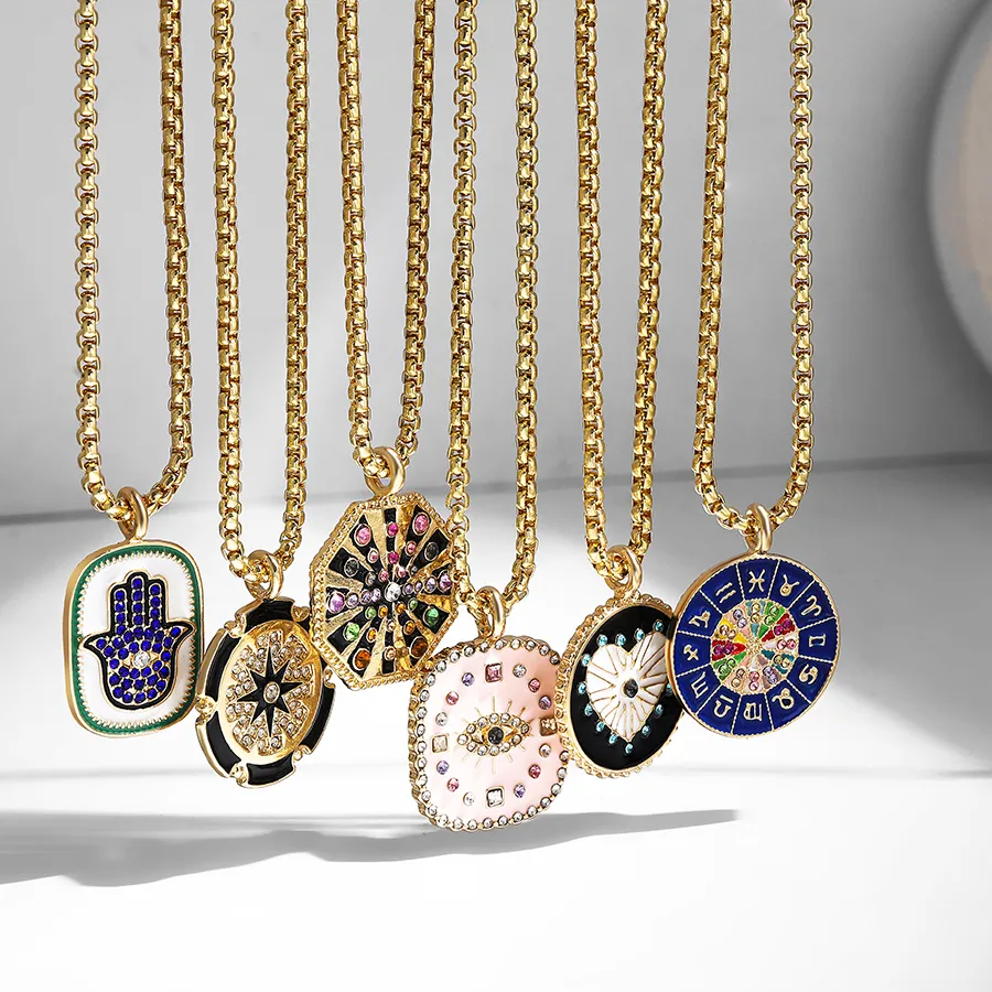 Authentic Cute Eyes Heart Palm Zodiac Signs Necklace for Women Double Sided Enamel Star Pendant Collar Gold Color Chain