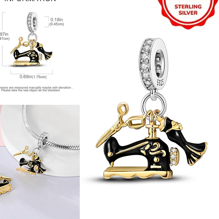 Authentic Plata De Ley 925 Silver Black Gold Sewing Machine Charms Beads Womens Original Bracelets DIY Jewelry Pendant Fine Gifts