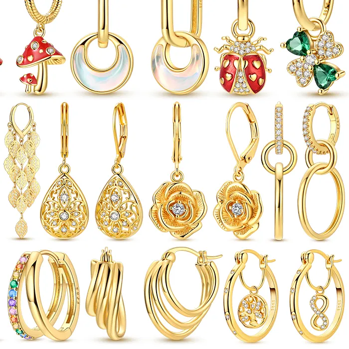 Authentic Charms Plata De Ley 925 Gold Plated Pendant Earrings Coloured Zircon Hoop Earring Women Luxury DIY Fine Jewelry Making Gifts Hot