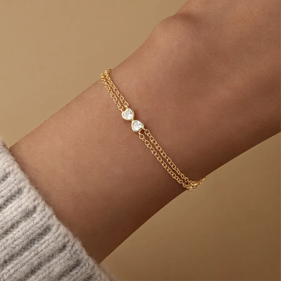 Authentic ROXI 925 Sterling Silver Valentine's Day Heart Zircon Double Chain Charms Bracelet  For Women Gold Plata Party Wedding Jewelry