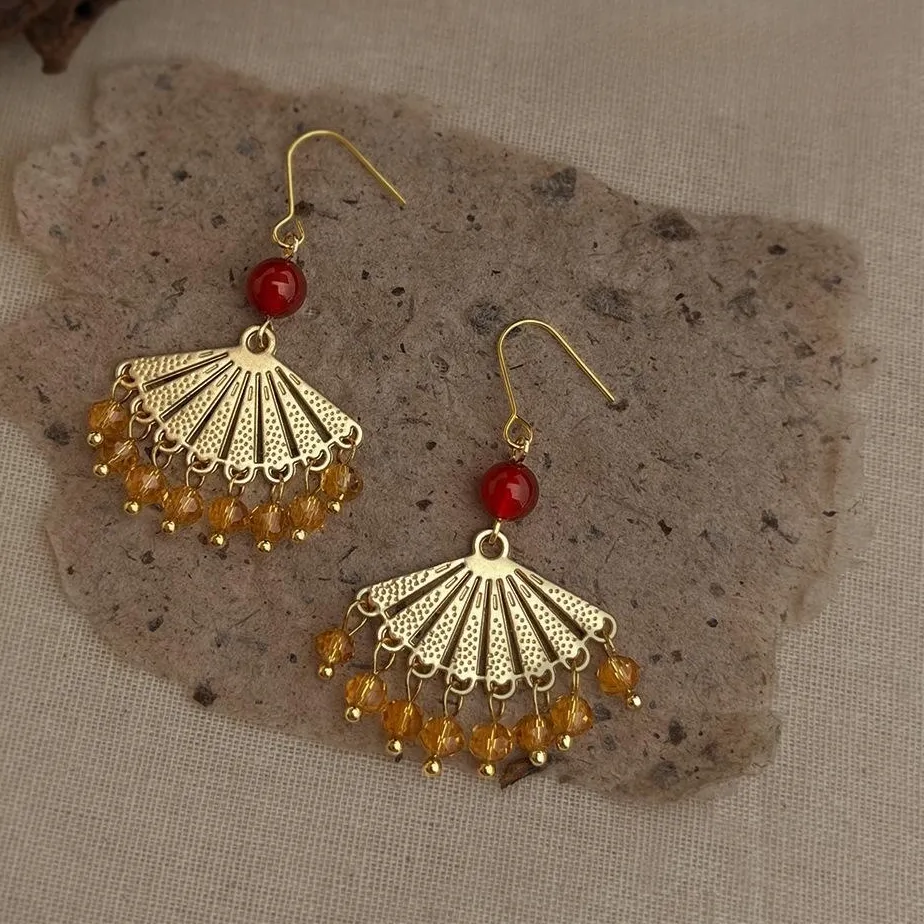 Authentic Radiant Amber & Crimson Orb Golden Fan Talisman Earrings