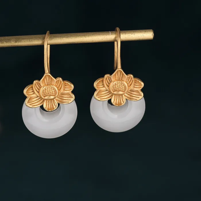 Authentic Whispers Of The Sacred Pond Gold- Plated Lotus And Hetian Jade Earrings