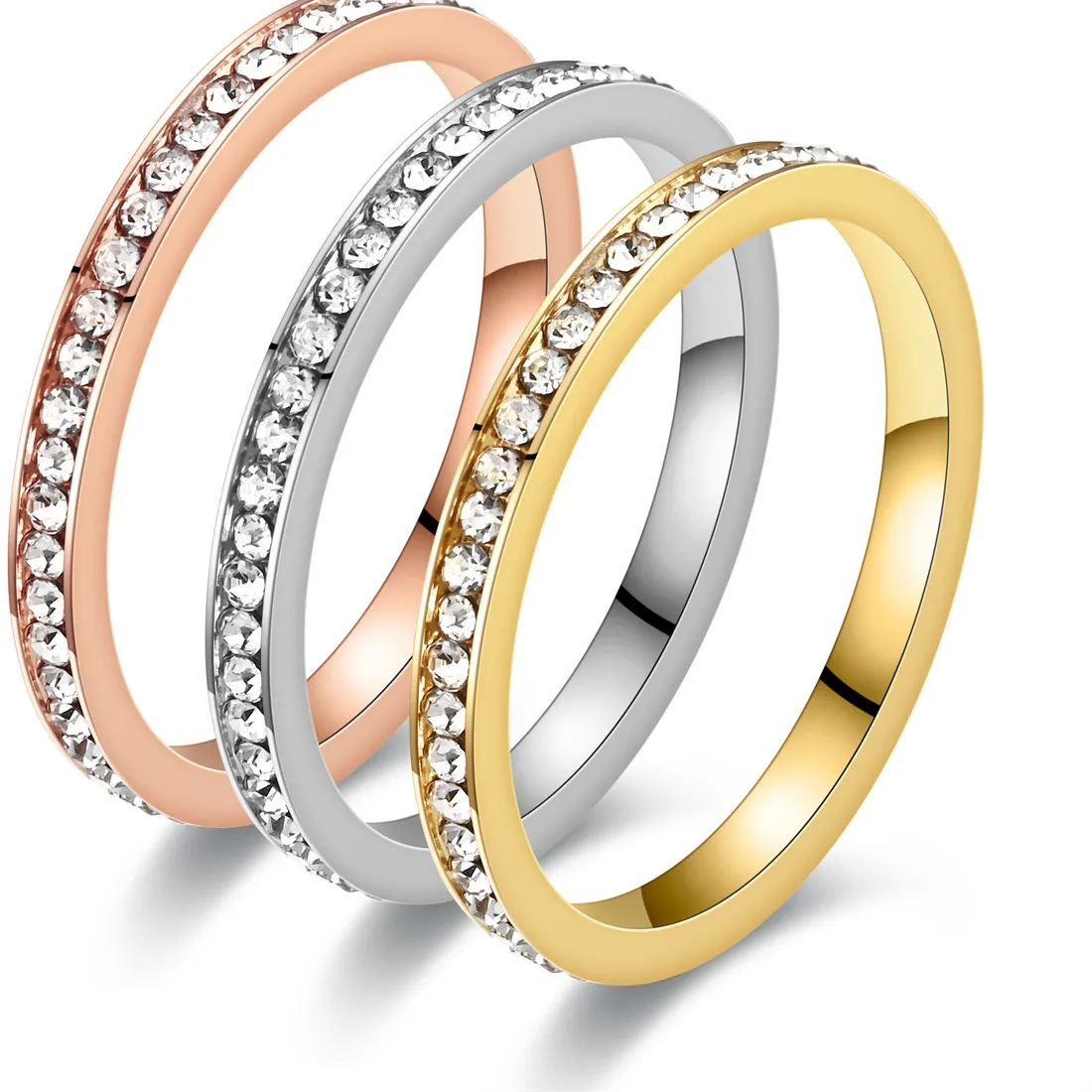 Authentic 2mm Classic Luxury Crystal Inlay Stainless Steel Gold Rings for Women Girl Wedding Band Charm Jewelry US size 5 6 7 8 9 10 11