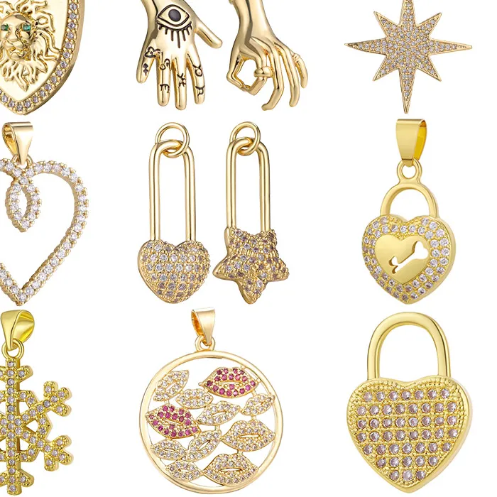 Authentic Juya DIY Luxury Cubic Zirconia Lion Hamsa Evil Eye Love Heart Locket Lips Snowflake Charms For Handmade Pendant Jewerly Making