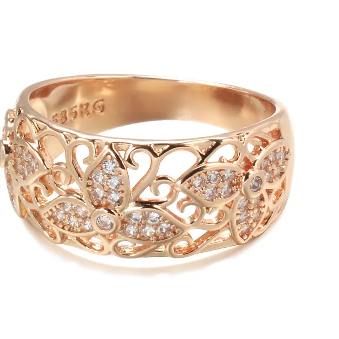 Authentic Kinel New 585 Rose Gold Rings for Women Natural Zircon Flower Ring Vintage Bride Wedding Fine Jewelry Party Gift
