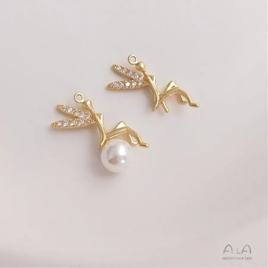 Authentic 14K Gold-plated Half Hole Pearl Needle Elf Pendant Angel Bead Holder Pendant Diy Crystal Pearl Accessories C084