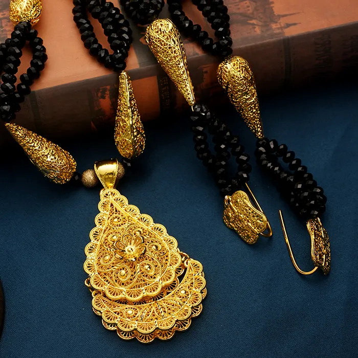 Authentic Ethnic Luxury Beads Necklace Pendant Gold Plated Algerian Wedding Jewelry Long Chain Necklaces for Women Arabia Bridal Jewelry