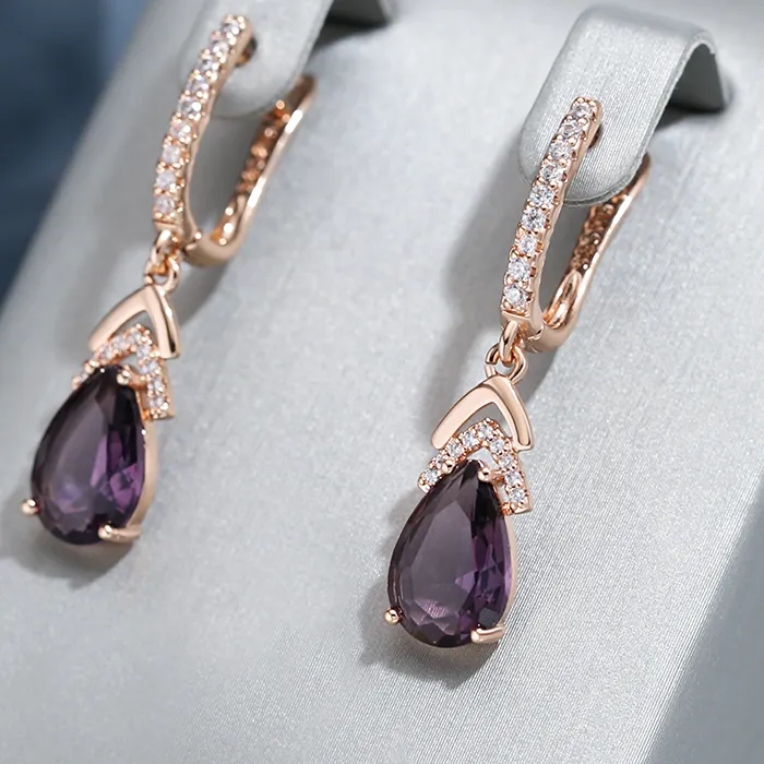 Authentic Wbmqda Elegant Lilac Earrings 585 Rose Gold Color With Purple Natural Zircon Year Jewelry