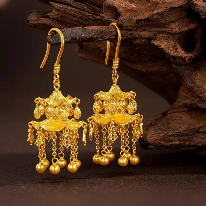 Authentic Women's Imperial Style Earrings, 24K Gold, AU999 | Solid gold peony with diamond stamens, "Grace" engraving for regal charm.