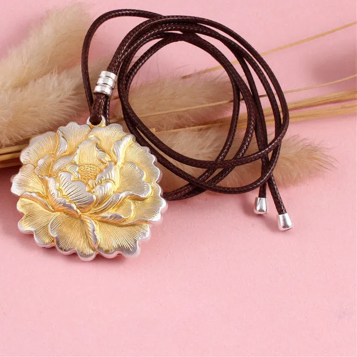 Authentic 999 Sterling Silver Gold Plated Peony Pendant Women National Trend Retro Versatile Necklace Valentine's Day Gift For Girlfriend