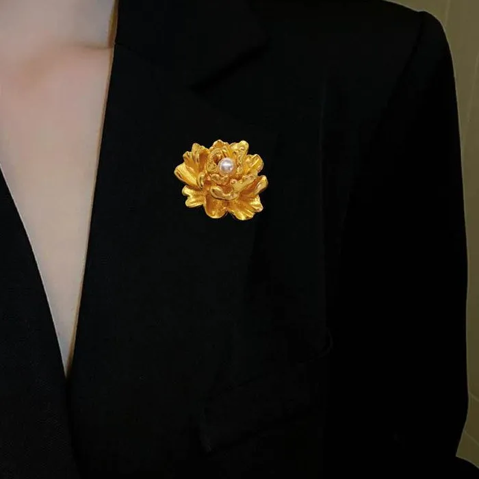 Authentic Elegant Gold Peony Flower Brooch, Charming Plant Pin Accessory for Women Office & Party, 1 Piece Gift