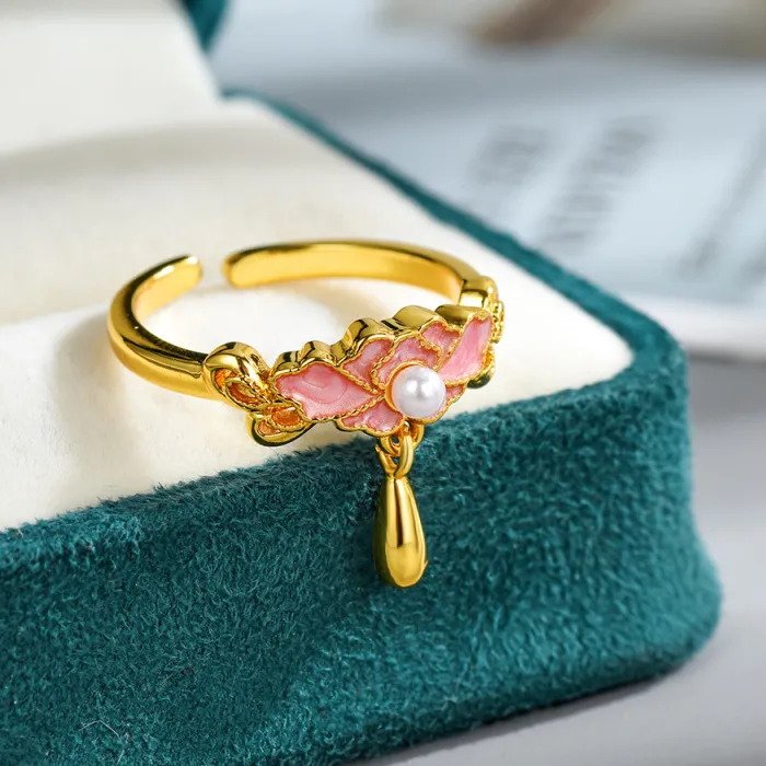 Authentic Pink Enamel Peony Open Adjustable Ring Pearl Teardrop Charm Gold Plated Oriental Vintage Dainty Women Jewelry Gift