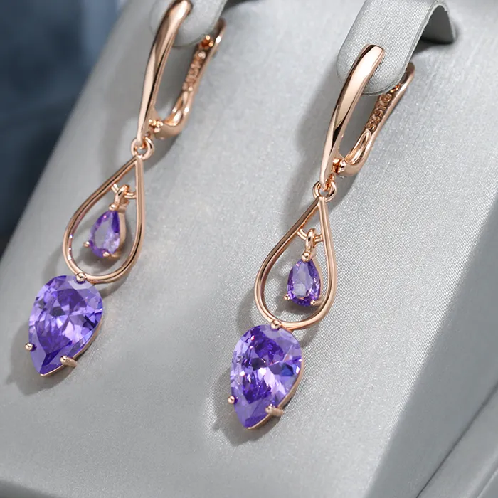 Authentic Wbmqda Shiny Lilac Long Drop Earrings for Women 585 Rose Gold Color Whih Purple Natural Zircon Luxury Bride Wedding Jewelry