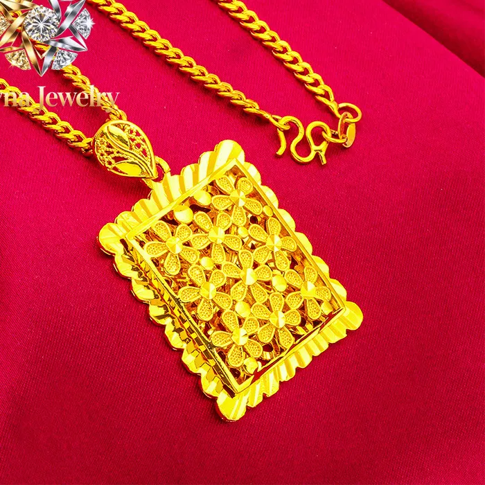 Authentic Pryna Jewelry   Flower Square Pendant for Women, 24K Gold, AU999 | Matte gold peony square with enamel, classic Chinese charm fo