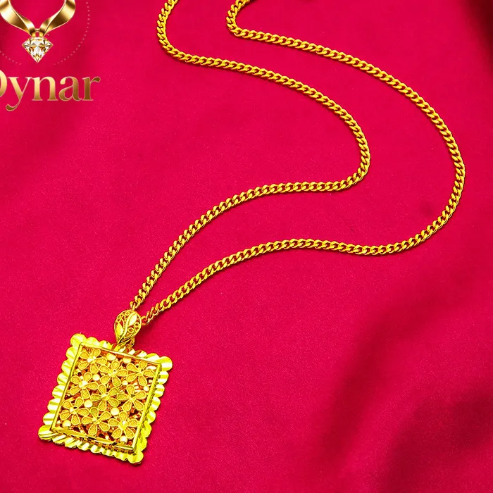 Authentic Dynar Jewelry    Flower Square Pendant for Women, 24K Gold, AU999 | Matte gold peony square with enamel, classic Chinese charm f