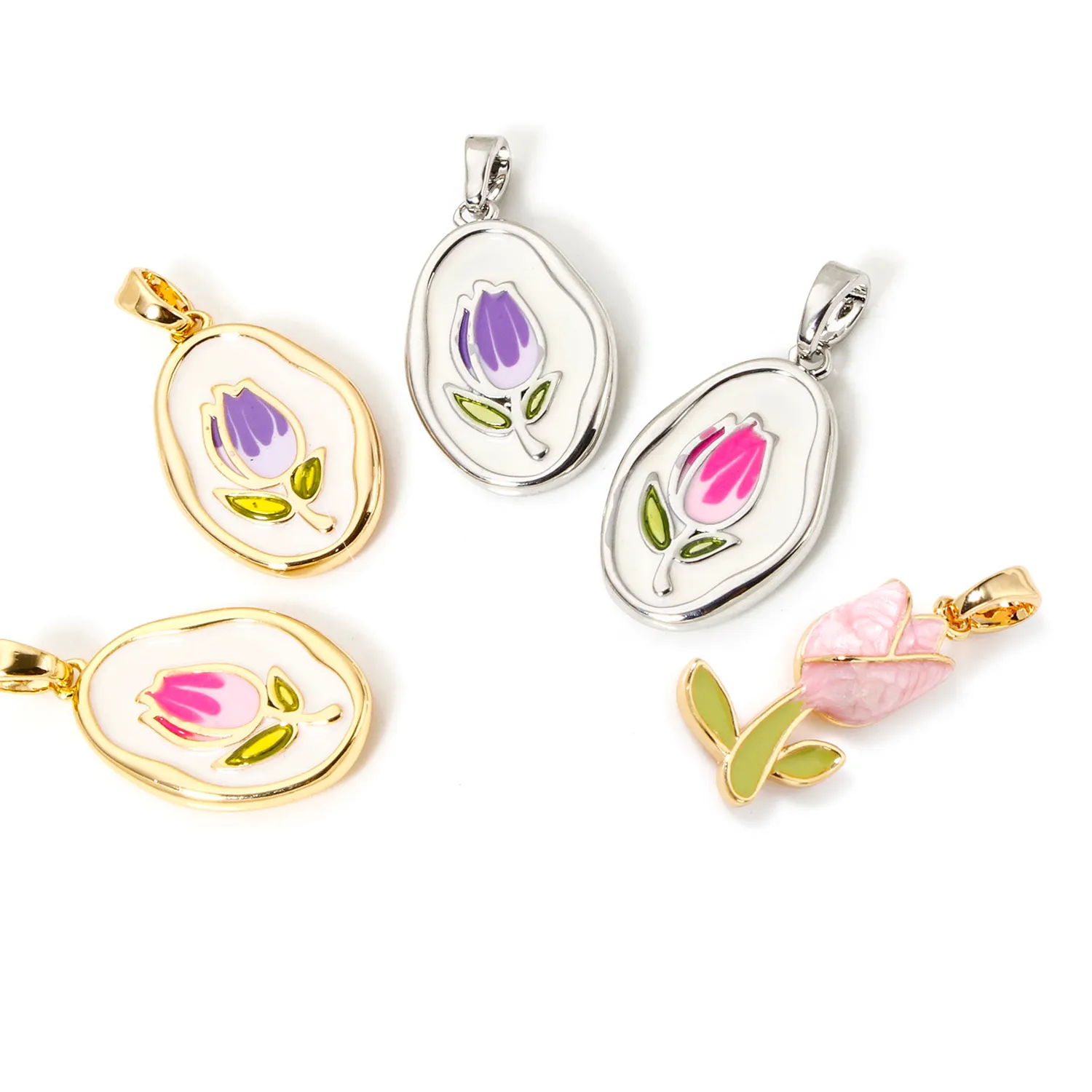 Authentic 2 Piece Brass Charm Pendant Real Gold Plated Enamel Oval Tulip Flower Enamel Charms For DIY Necklace Jewelry Making
