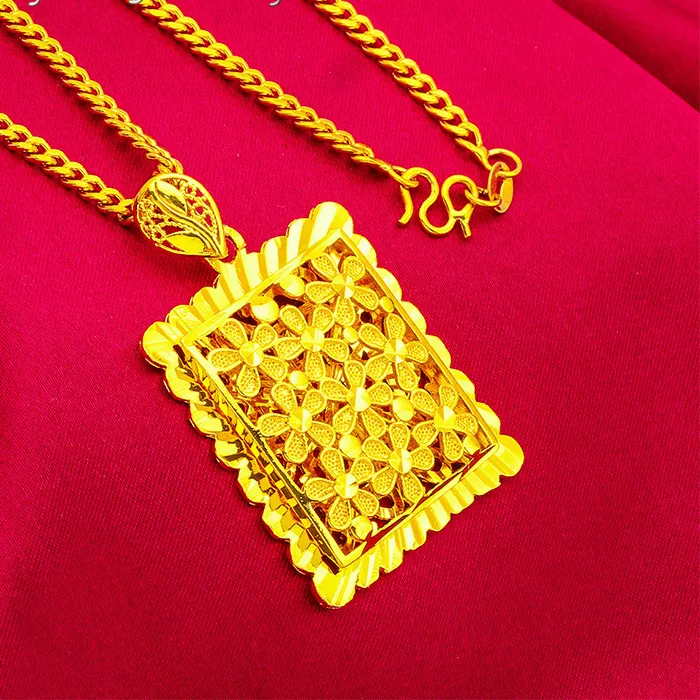 Authentic Mylux Jewelry Flower Square Pendant for Women, 24K Gold, AU999 | Matte gold peony square with enamel, classic Chinese charm for