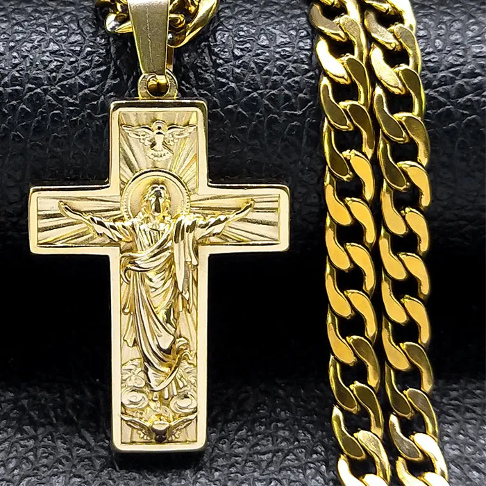 Authentic Cross Jesus Pendant Necklace for Men Gold Color Hip Hop Cuban Chain Religious Crucifix Necklaces Jewelry NZZ470S