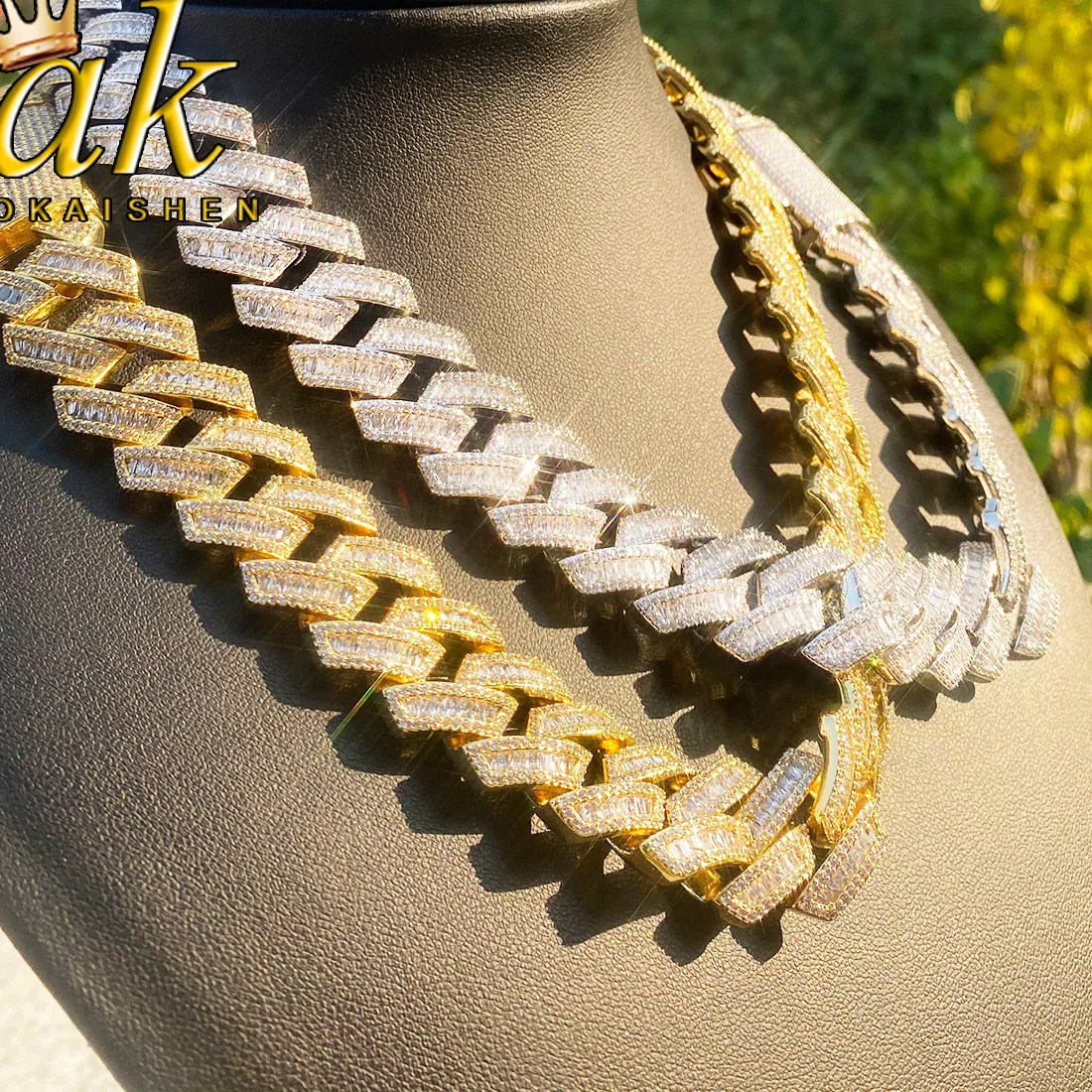 Authentic Aokaishen Iced Out Cuban Link Chain Men Necklace Choker 5A Prong Setting Cubic Zirconia Copper Gold Plated Hip Hop Jewelry