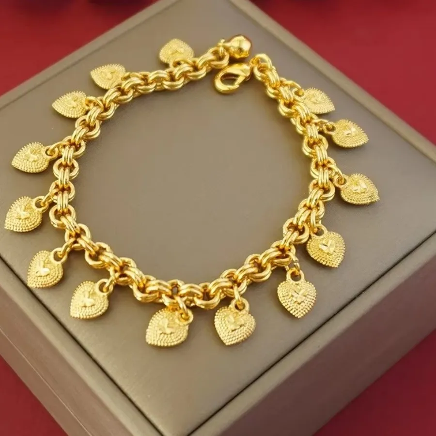 Authentic Elegant Heart Charm Hand Chain Heart-shaped Bell 4mm Width Gold Pendant Bracelets Gifts Jewelry Multi Bead Cuban Chain Daily