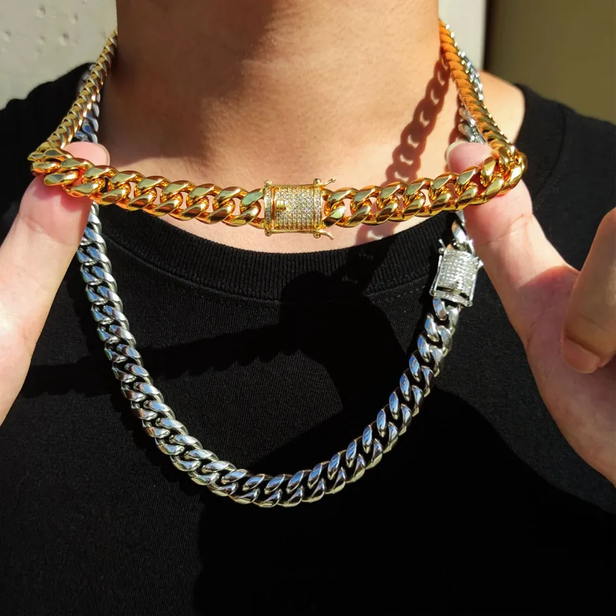 Authentic 6-12mm Hip Hop Cuban Chain Iced Clasp Stainless Steel 18K Gold PVD Plated Chaine For Men Necklace Jewelry