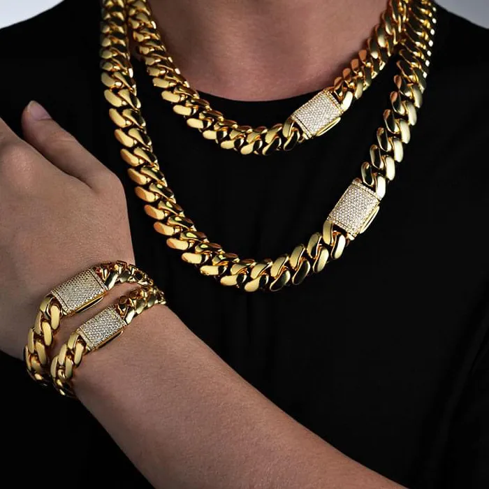 Authentic 8-14mm Hip Hop Bling Iced Out 18k Gold-plated Stainless Steel Dense Cuban Miami Link Chain Necklaces for Unisex  Rapper Jewelry