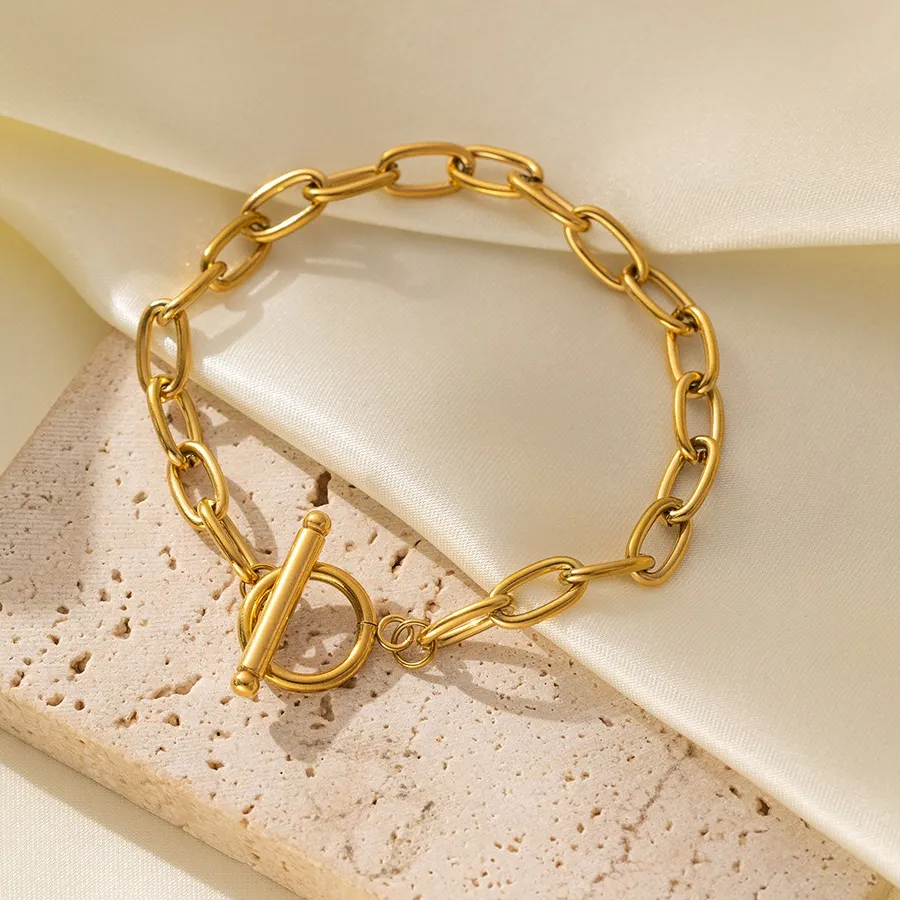 Authentic Stainless Steel Classic Simple Gold Color Cuban Chain Bracelet for Women Men New Luxury Oval OT Buckle Bangle Jewelry Colorfast