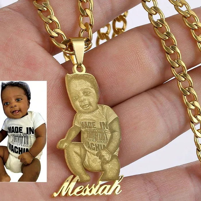 Authentic Golden Guardian Photo Amulet – Custom Engraved Pendant on Adjustable Cuban Chain