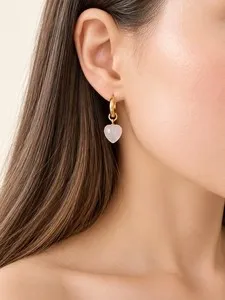 Authentic Natural Rose Quartz Heart Earrings 18K Gold- Plated Huggie Hoops