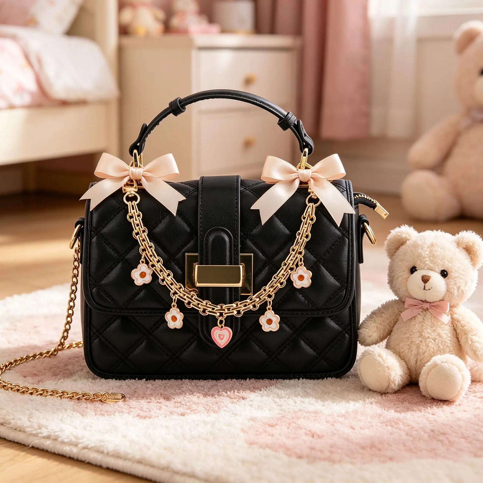 Authentic Y2K Flower Heart Charm Bag Chain Gold Metal Double Layer Decorative Chain for Handbag Purse Aesthetic Bag Accessories Gift