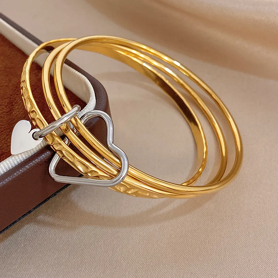 Authentic Creative Stainless Steel Multi Layer Stackable Bracelet Women Minimalist Heart Pendant Charm Bangle Jewelry Gift Accessories