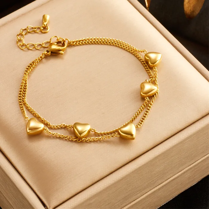 Authentic DIEYURO 316L Stainless Steel Gold Color Heart Love Charm Bracelet For Women Girl New Trend Double Layer Bangles Jewelry Gift