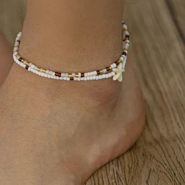 Authentic Boho Style Men’s Ankle Bracelet Featuring Double Layer Seed Beads and Starfish Charm White Gold Plated Summer Beach Foot Jewelry
