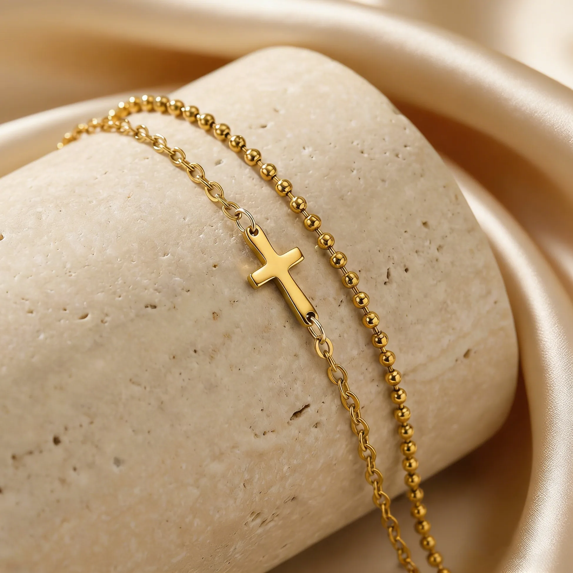 Authentic Double Layer Cross Bracelet for Women Gold Plated Non Fading Beads Chain Bracelets Religious Jewelry Easter