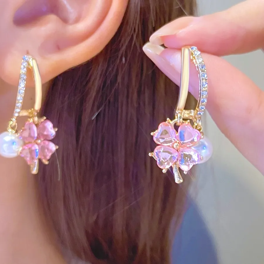 Authentic Luxury Pink Crystal Four-leaf Heart Flower Pearl Hoop Earrings for Women Shiny Gold color Double Layer Dangle Korean Jewelry