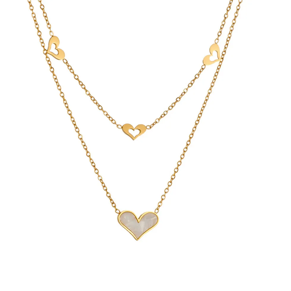 Authentic Trendy Statement Love Heart Charm Pendant Female Gold Color Double Layers Chain Link Necklace for Women Jewelry