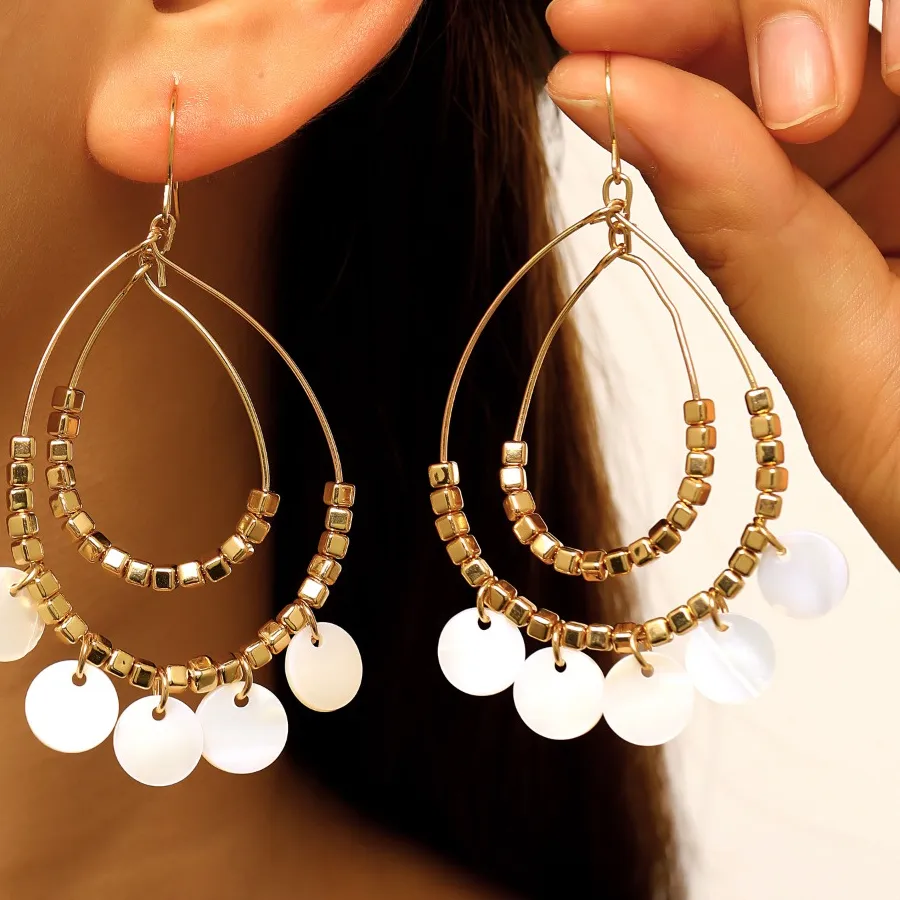 Authentic Boho Gold Tone Cube Bead Double Layer Teardrop White Blue Shell Disc Dangle Earrings for Women Summer Vacation Statement Jewelry