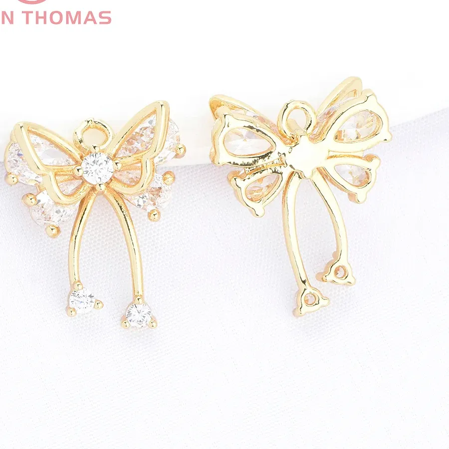 Authentic (9888) 6PCS 18K Gold Color Brass with Zircon Double layered Bowknot Shaped Pendants High Quality DIY Jewelry Making Findings