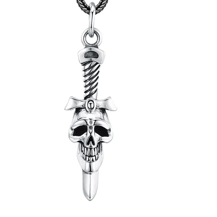 Authentic 25 Sterling Silver Skull Sword Pendant Necklace Vintage Gothic Punk Rock Style Men's Jewelry