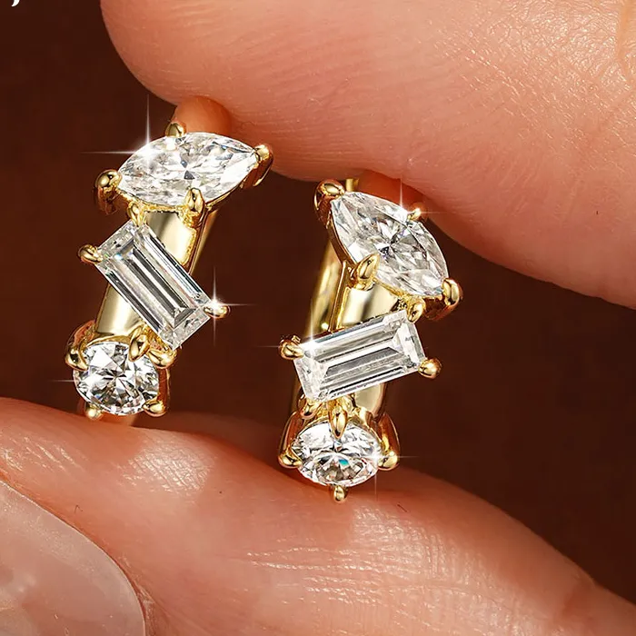 Authentic Rrjzz Full Moissanite Marquise&Emerald&Round Cut Three Stone Hoop Earrings D- Color Vvs1 Dainty Huggie Earrings Jewelry