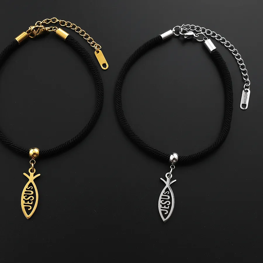 Authentic Jesus Fish Ichthys Pendant Bracelet Black Rope Christian Faith Religious Bracelets Jewelry