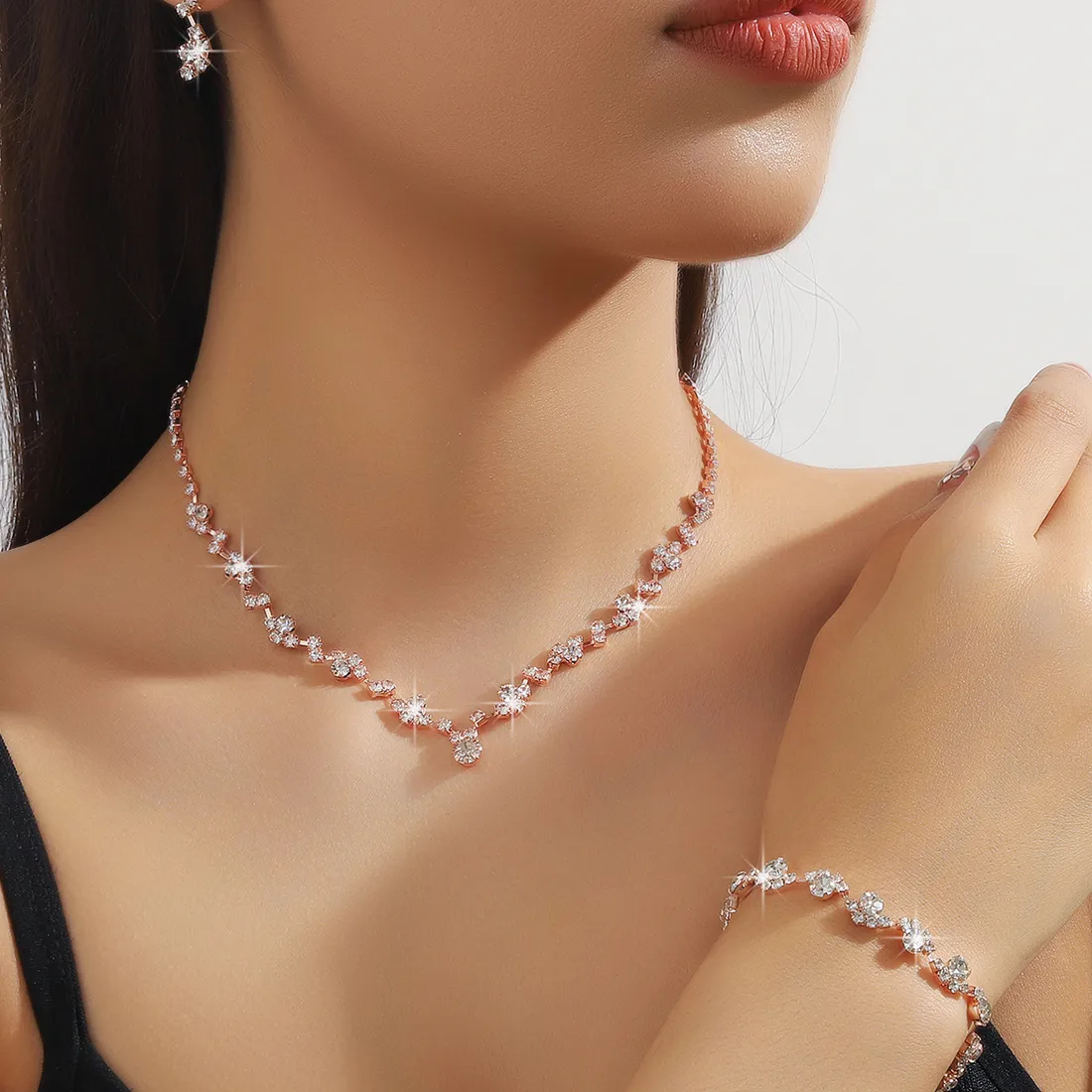 Rose Gold Star Jewelry 3Pcs Necklace Bracelet Earrings Sparkle Crystal Choker Daily Outfits