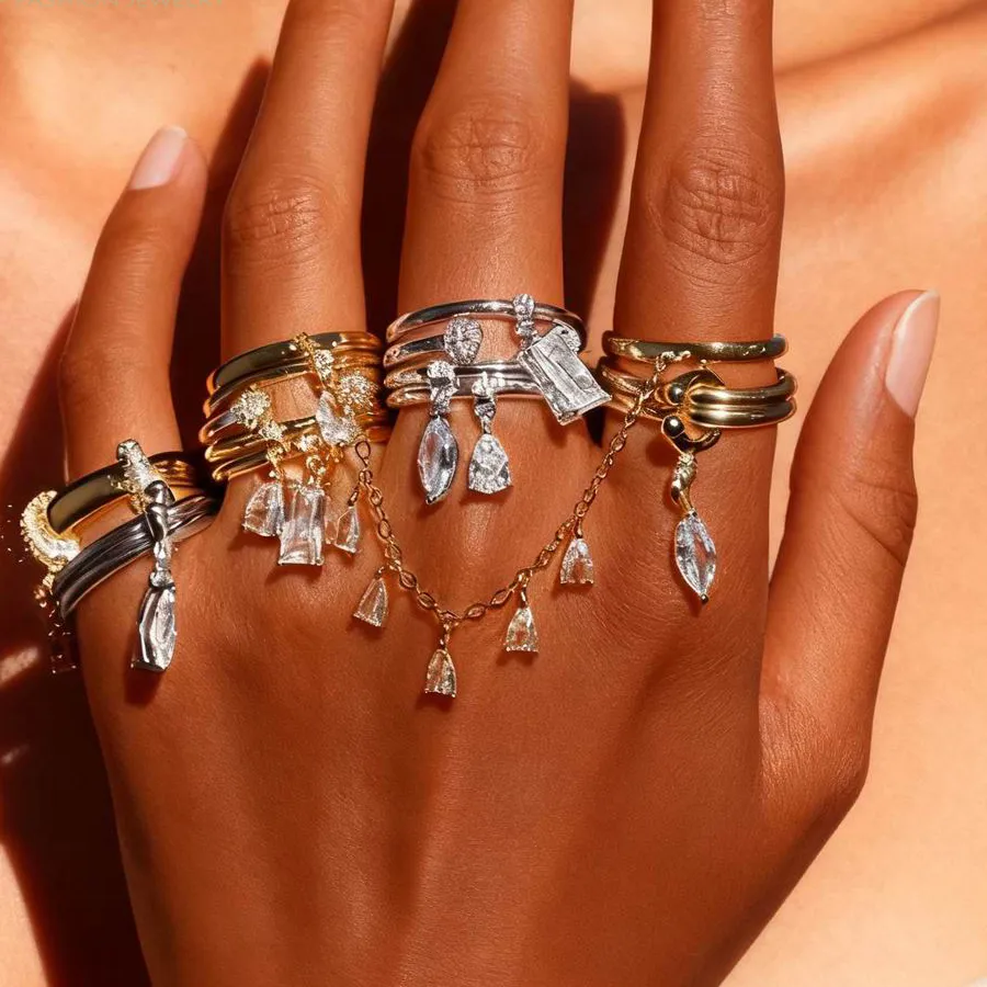 Authentic 2025 New Geometric Sparking Tear Drop CZ Stack Charm Ring  Gold Color DIY Stacking Designs Finger Rings Women Jewelry