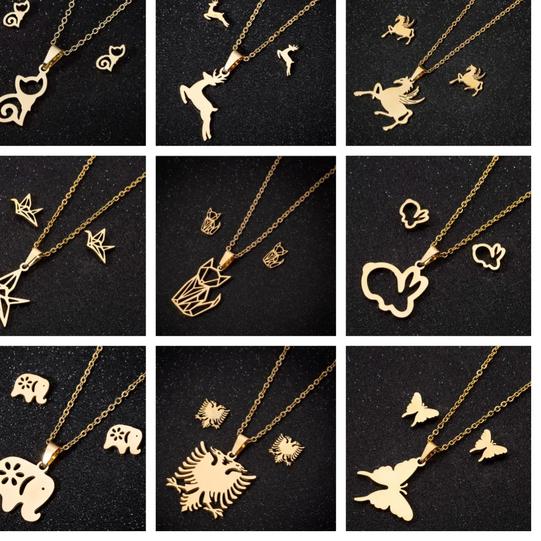 Authentic Animals Gold Color Smooth Jewelry Elephant Necklace And Earring Accessories Sets