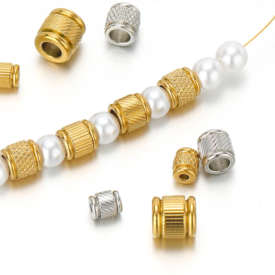 Authentic 20pcs Stainless Steel Big Hole Loose Beads Gold Texture Spacer Beads for DIY Jewelry Making Necklace Findings Bracelet Supplies
