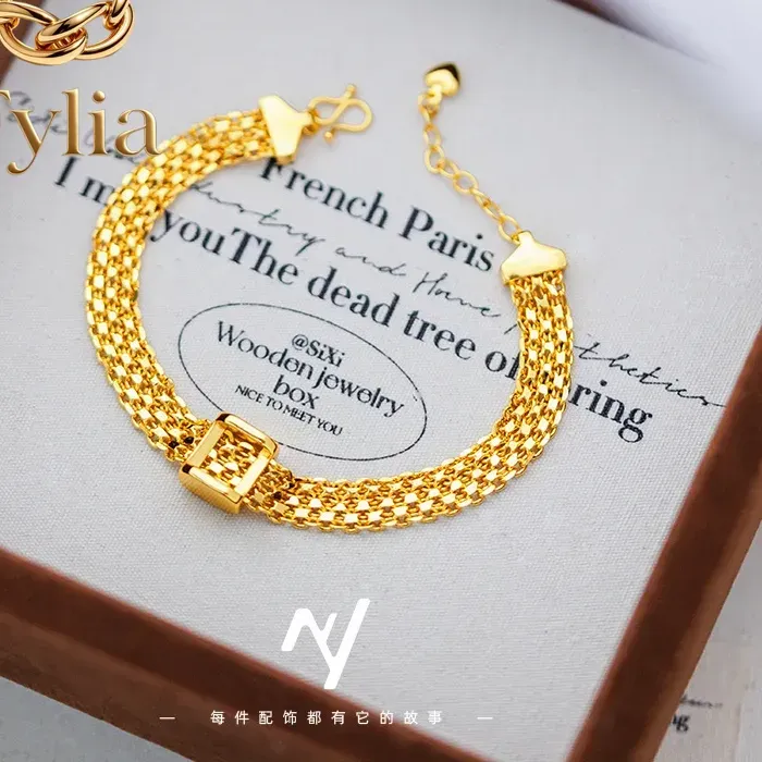 Authentic Fylia Jewelry   9999 24K real gold light luxury vintage medium braided gold square strap bracelet women's retro high-end silk sa